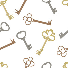 Seamless pattern of vintage keys. Antique gold, silver, bronze metal. Vector isolated on white background.