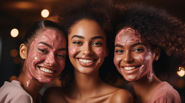 Three female models smiling with pink face masks. Skin care. - Powered by Adobe