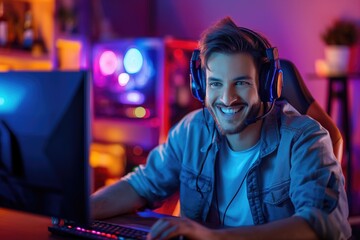 Cheerful gamer guy playing online games for relaxation