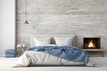 Bed with blue pillows near fireplace in loft interior with light walls. Scandinavian bedroom home design