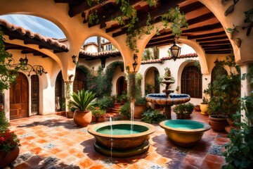 Fototapeta na wymiar A Spanish hacienda with archways and a tiled roof, featuring a backyard with a courtyard, a fountain, and colorful ceramic tiles