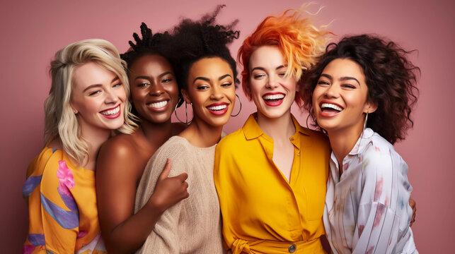 group of portrait female fashion cloth stylish costume colour hair style studio photo shoot on clour background smiling confident cheerful face expression friend group together 