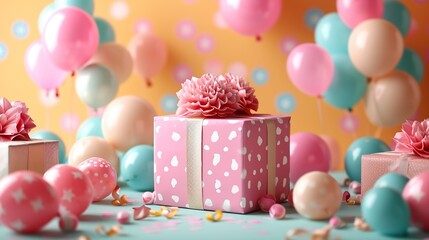 Fondo con una caja de regalo y decoración de celebración de cumpleaños. Concepto de fiestas. Generado por IA.