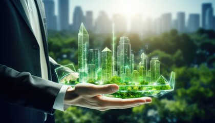 Human touching a advanced technology based on hologram light with greenery city, eco-friendly city on a city background with hologram network icons for energy source research, renewable energy concept