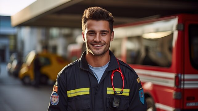 Portrait of a smiling young male paramedic in uniform