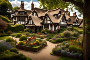 A Tudor-style house with  timber frames, featuring a traditional backyard with an English country garden and a thatched gazebo