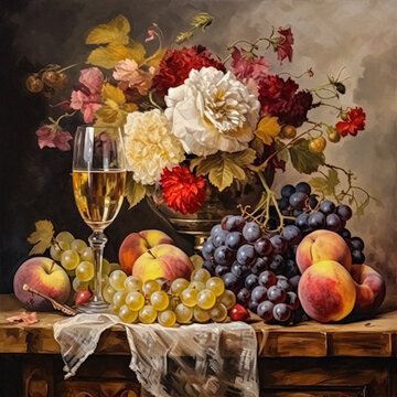 Classic still life painting, rich in detail, capturing a glass of white wine alongside a bountiful spread of grapes, peaches, and a vibrant bouquet of flowers