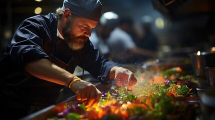 Focused male chef cooking vegetables over an open flame