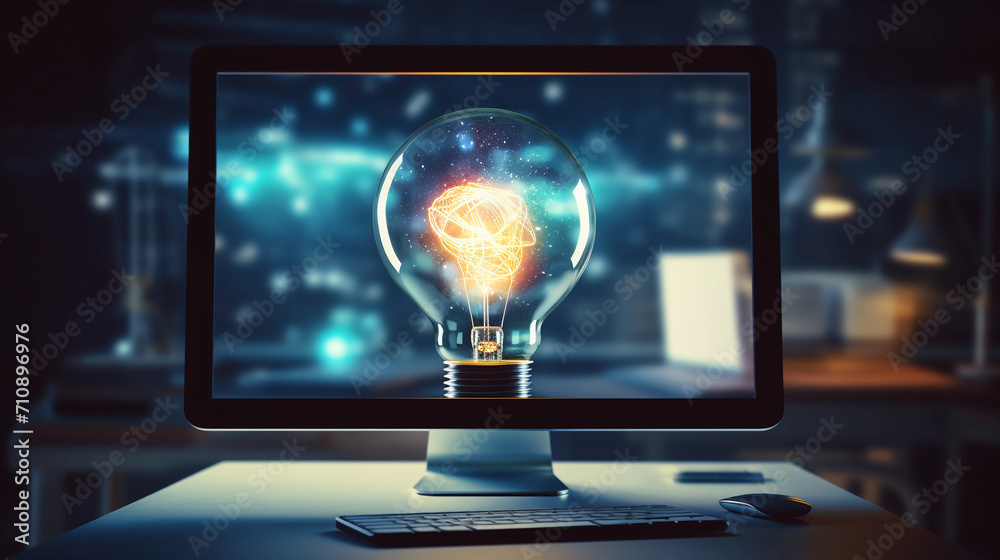Poster idea concept represented by desktop computer with bulb hologram