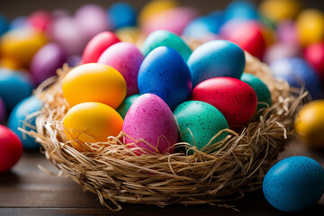 Fototapeta na wymiar Easter Colored Eggs in a Basket
