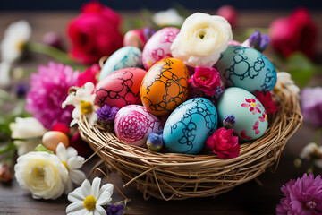 Fototapeta na wymiar Easter concept, eggs and Easter cake