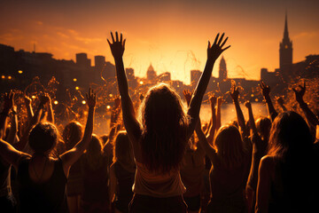 Silhouettes of women with raised hands at sunset, festive mass event, joy. - obrazy, fototapety, plakaty