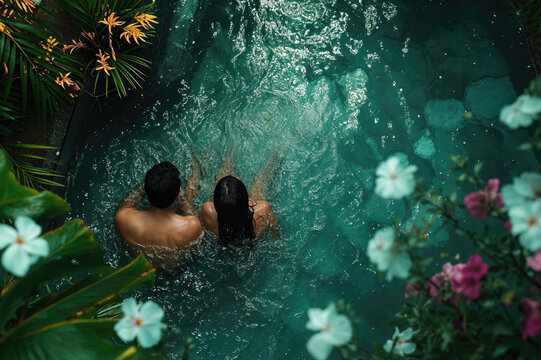 Tranquil tropical spa moment with Asian couple. Generative AI image