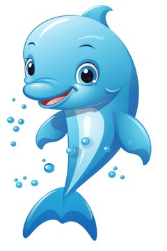 blue baby dolphin on a white background with bubbles