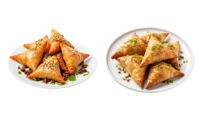 Set Of Samosa Pakistani Dish on a white plate,  on A Transparent Background