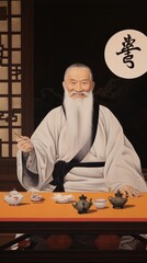 A painting of a Chinese man with a long white beard - obrazy, fototapety, plakaty