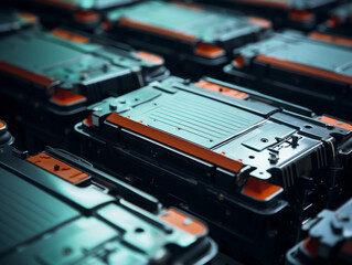 Mass production assembly line of electric vehicle battery cells close-up view 