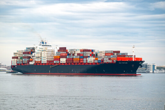 D. Oltmann Reederei container ship RDO Fortune sails into Charleston Harbor, SC, USA on January 16, 2024.