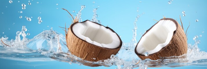 Coconut in a splash of water and coconut juice on a blue background, banner