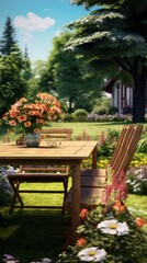 Table with chairs in the summer garden of a country house, summer vacation, flower bushes and green lawn