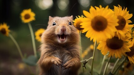 Squirrel standing in a field of sunflowers