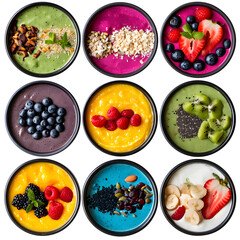 Colorful smoothie bowls with toppings isolated on white background, minimalism, png
