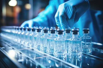 Medical vials on a production line at a pharmaceutical factory, pharmaceutical glass bottles and medicine production line.