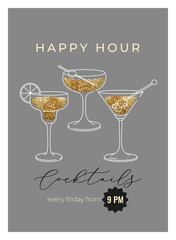 Modern flat happy hour cocktails print. Colorful background with cocktail glasses. Cafe, bar and restaurant concept poster and web banner. Vector illustration.
