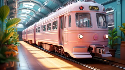 pink retro train station platform