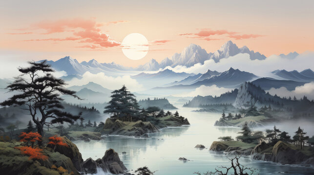 Landscape with mountains and river at sunset in the style of Japanese painting.