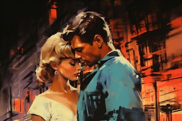 Romantic couple, man and woman, embracing in a city street, at night. Illustration, poster in the style of 1960