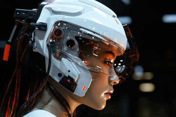 portrait of a woman in futuristic helmet with wires and sensors on her head and futuristic latex white costume poses on a dark background