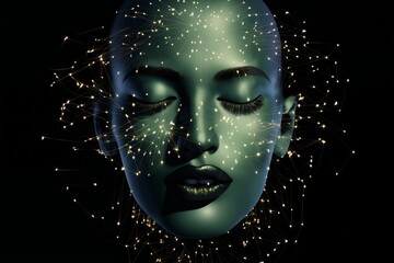 a woman portrait with a abstract holography pattern on dark background, sci-fi, cyber art