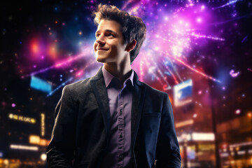a young man in a suit on the street of the night city is smiling happily, against the background of street lights and fireworks