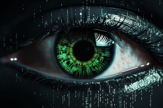 human eye with an implant in the form of a computer digital board, concept of enhanced reality and digital eyesight of the future, information processing, artificial intelligence