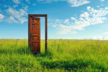 An abstract opening door to the freedom on grassy field on sunny summer day