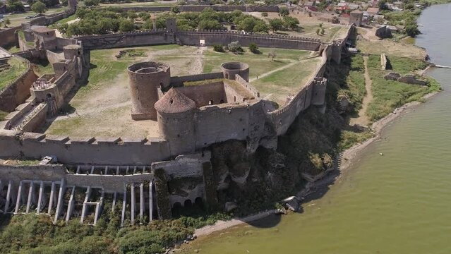 Aerial drone 4k downward footage of Akkerman fortess in Bilhorod Dnistrovskyi city in Odessa region, Ukraine. Travel destinations in Ukraine