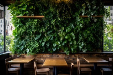 Fototapeta na wymiar A modern cafe or restaurant with a living wall of greenery, biophilic design, vertical gardening, eco friendly green nature design landscape in building