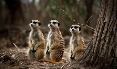 A meerkat family stands and watches the area.