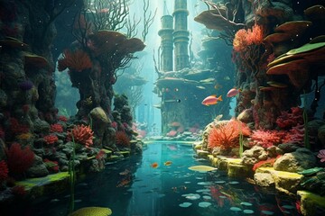 A mesmerizing aquatic paradise with a submerged dreamlike beauty. Generative AI - obrazy, fototapety, plakaty