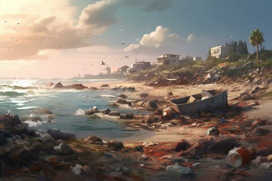 Polluted beach with trash and environmental damage. Generative AI