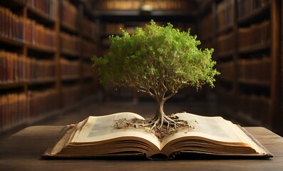 A tree growing out of a book, book on the table Generative AI