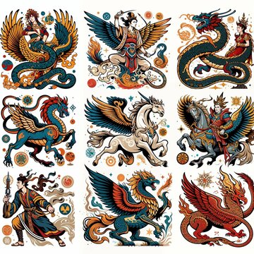A series of vector images depicting mythological creatures and legends 