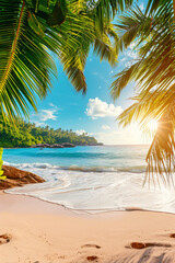 Sunny exotic beach by the ocean with palm trees at sunset summer vacation Generate AI