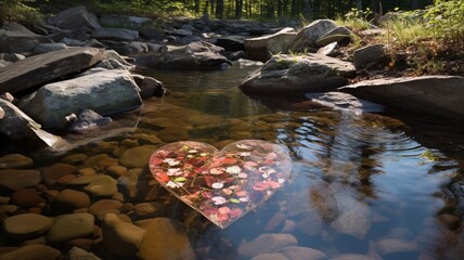 A heart-shaped reflection in a crystal-clear mountain stream surrounded by mossy rocks -Generative Ai