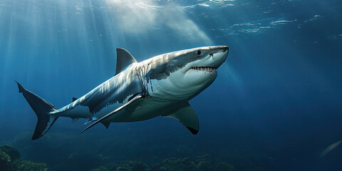 Obraz premium Majestic Great White Shark Gliding Effortlessly Through the Ocean Waters