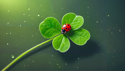 Lucky charm ladybug and four-leaf clover - obrazy, fototapety, plakaty