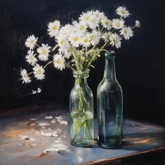 Still life with daisies in two green glass bottles