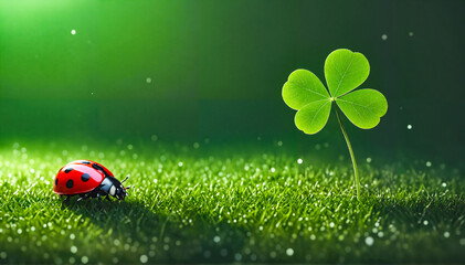 Obraz premium Lucky charm ladybug and four-leaf clover
