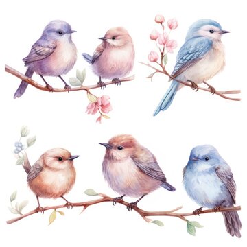 The image features six cute birds perched on tree branches with pink flowers.